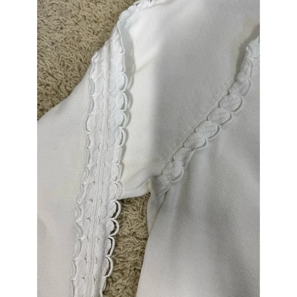 J Crew White Cropped Long Sleeve Cotton Sweater With Crochet Accents Sz M Spring